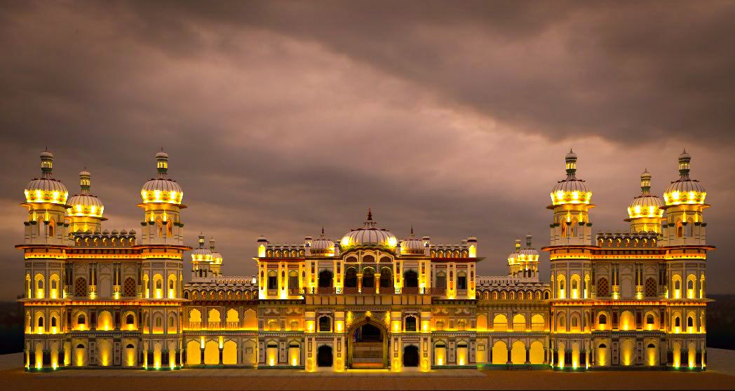 The Janaki Mandir lit up in gold at dusk